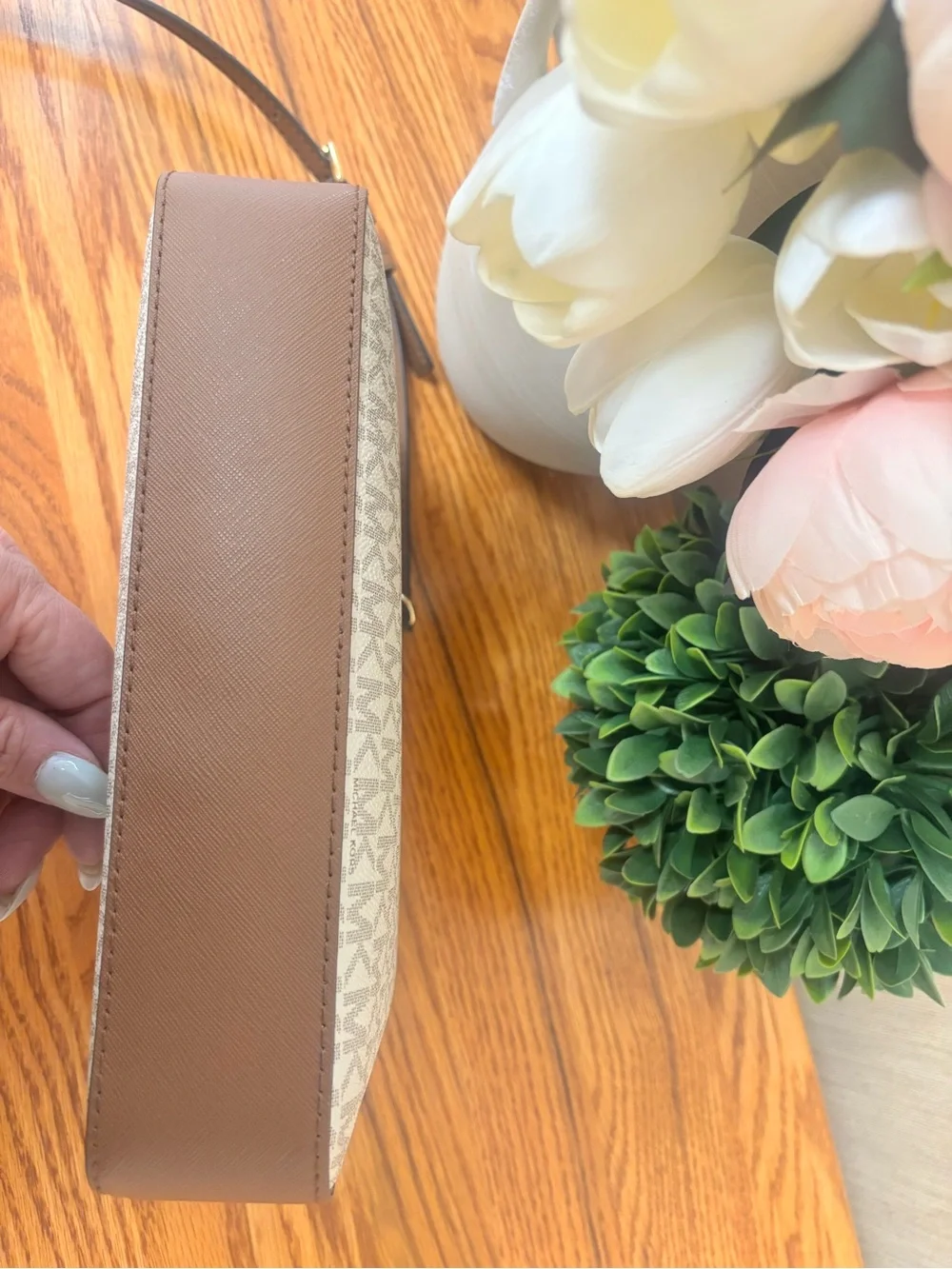 Michael Kors White and Brown Signature MK Crossbody Bag